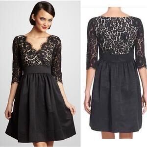 Eliza J Dress Black Lace Quarter Sleeve V-Neck Pleated Skirt Lined Vintage Midi